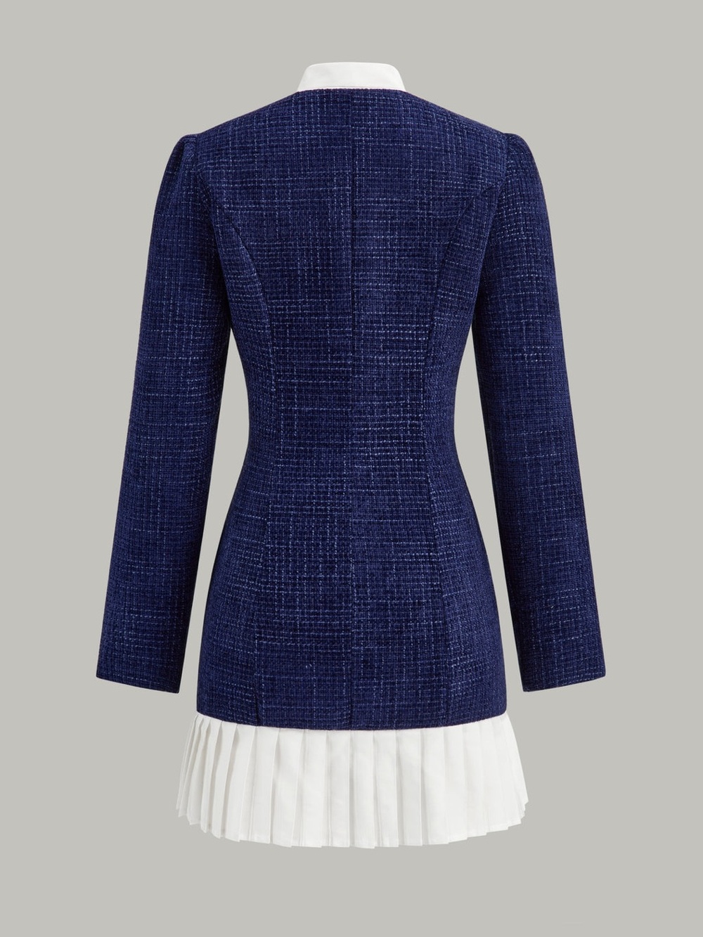 Commense Women's Navy Tweed Dress with White Bow Collar - Picture 2 of 6